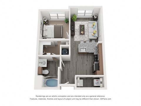 Floor plan for 1 bed, 1 bath, 593 sqft